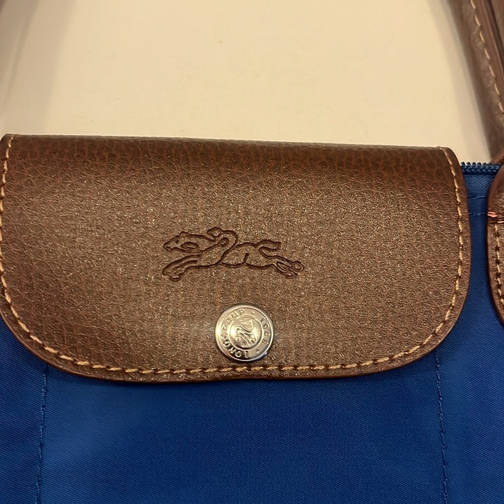 Small Longchamp Blue/Brown Nylon and Leather Le Pliage Tote - Picture 3 of 12